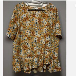 TIME & TRU Womans Top Yellow Cottagecore Floral Layered Ruffle Hem XL 16/18
